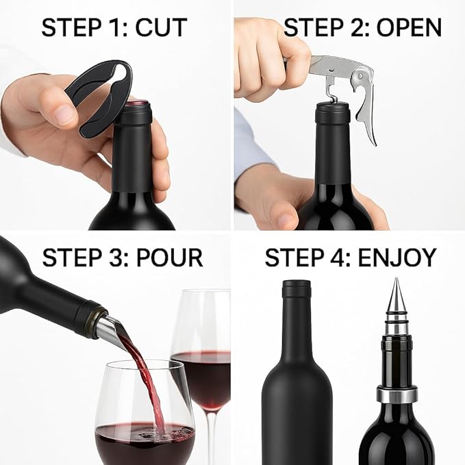 Wine Accessories Gift Set – 5-Piece Bottle-Shaped Wine Opener Kit with Corkscrew, Foil Cutter, Drip Ring, Wine Pourer & Stopper – Wine Lover Gift for Men & Women