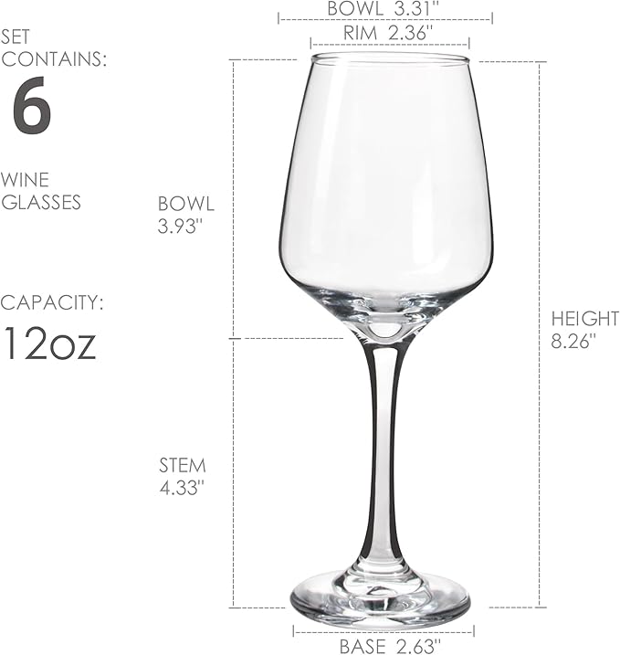 YANGNAY Wine Glasses Set of 6, 12 Oz Classic Red or White Wine Glass with Stem, Perfect for Home, Restaurant Use, Dishwasher Safe