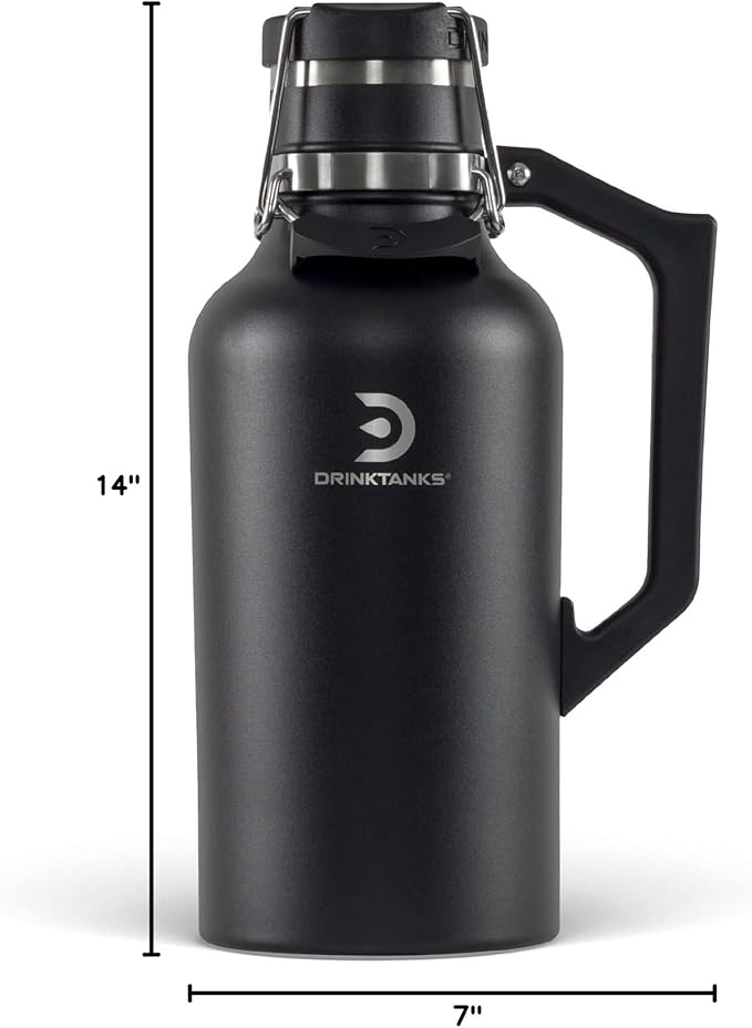 DrinkTanks Craft Growler – 64 oz Vacuum Insulated Stainless Steel Beer Growler with Handle, Leakproof Thermal Beverage Tumbler for Beer, Wine, Coffee, Soda, Kombucha – Reusable & BPA-Free – Obsidian