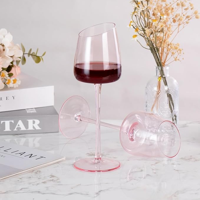 KAMMAK Wine Glasses Set of 2, 9.47 oz Hand Blown Crystal Bordeaux Wine Glasses, Thin Rim & Long Stem, Perfect for Red & White, Daily Use, Wedding or Birthday Gift with Gift Box, XH-H240 Pink
