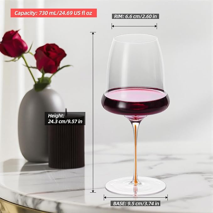 KAMMAK Wine Glasses Set of 2, 24.69 oz Hand Blown Crystal Bordeaux Wine Glasses, Thin Rim & Long Stem, Perfect for Red & White, Daily Use, Wedding or Birthday Gift with Gift Box, Clouds Orange