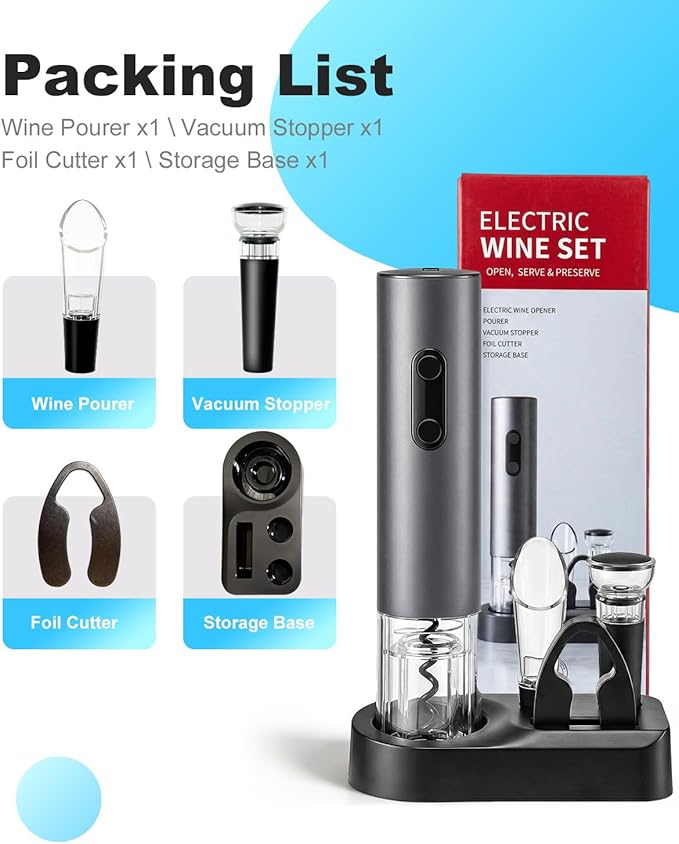 Electric Wine Opener 4-in-1 Automatic Wine Opener Set, Battery Operated Corkscrew Wine Opener and Electric Corkscrew Wine Bottle Opener Kit for Home Bar and Wine Enthusiasts