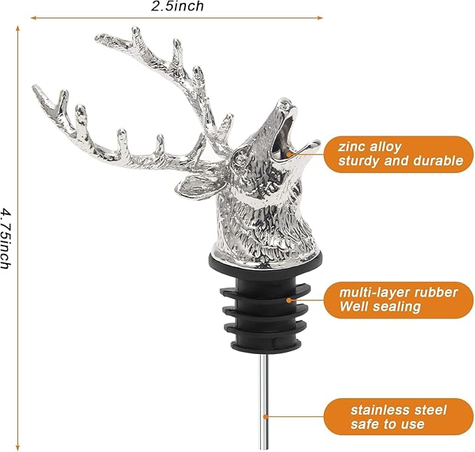 Wine Pourer Wine Aerators Stainless Deer Stag Head Wine Pourer Stags Head Bottle Pourer Unique Gift Ideas Bar Accessories Birthday and Wedding Christmas Gifts (Silver white)