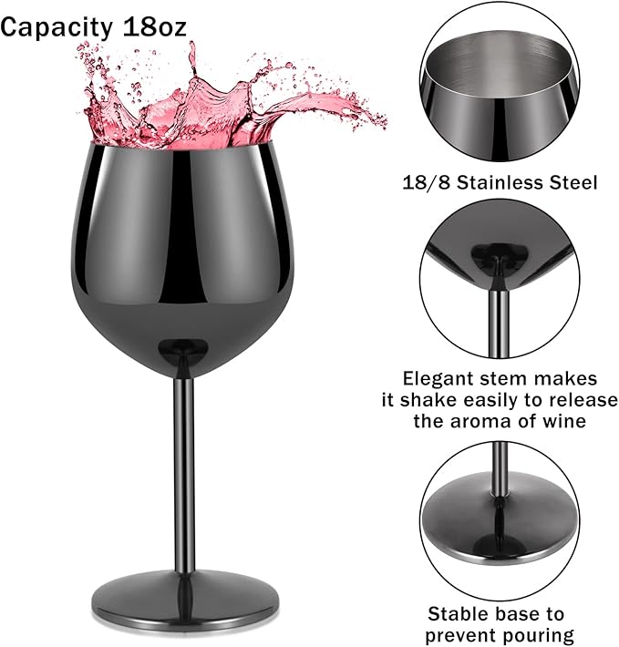 Lifecapido Stainless Steel Wine Glasses Set of 4, 18oz Stainless Steel Wine Goblets, Stemmed Metal Wine Glasses with Cup Brush for Party Office Anniversary, Great for Red White Wine (Grey Black)