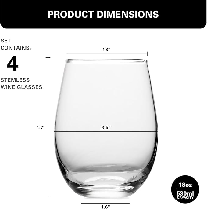Stemless Wine Glasses Set of 4, 18oz Red White Wine Glasses,Lead-free Wine Glasses for Home, Party, Wedding, Ideal Wine Accessories Gift,Clear
