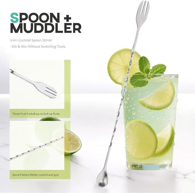 Muddler for Cocktails,10" Bar Spoon & Ice Tongs with Serrated Tip, 3PcsStainless Steel Bar Tools Set for Mojitos, Lemonade, Fruit Drinks, Home PartyBar Accessories