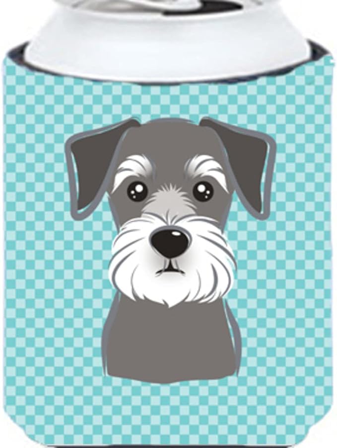 Caroline's Treasures BB1144CC Checkerboard Blue Schnauzer Can or Bottle Hugger Cooler Washable Drink Sleeve Collapsible Beverage Insulated Holder, Can Hugger, Multicolor