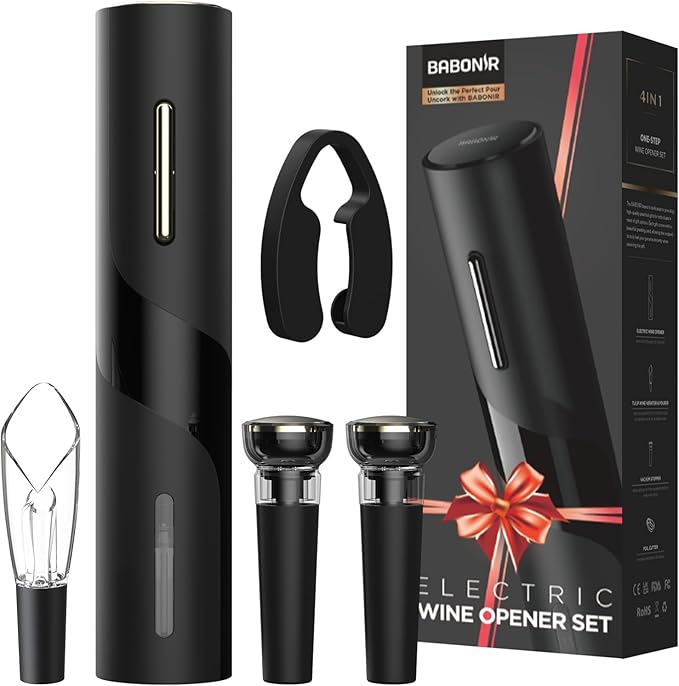 Electric Wine Opener Set - BABONIR Automatic Electronic Bottle Openers with Greeting Card, Vacuum Stoppers, Wine Aerator, and Foil Cutter, Ideal Present for Wine Lovers, Party, and Home Entertaining