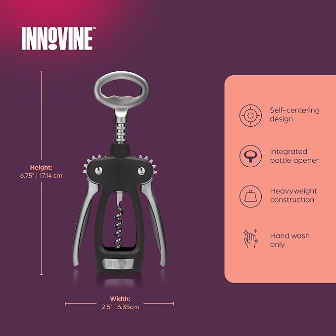 Innovine Winged Corkscrew Wine Opener, Multi-Purpose Bottle Opener for Beers and Soft Drinks, Stainless Steel with Ergonomic Wing Handle, for Bartenders, Home Bar, Kitchen, Restaurant, Graphite