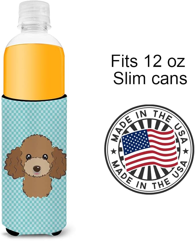 Checkerboard Blue Chocolate Brown Poodle Ultra Beverage Insulators for slim cans