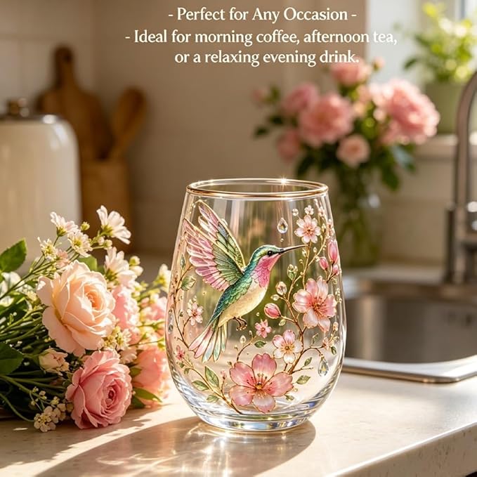 2026 Garden Hummingbird Morning Bliss Glass Tea Cup, Elegant Gold Rimmed Glassware with 14 Oz, Clear Cup for Loose Leaf, Nature Art Decorative Tumbler Gift for Women Mom Wife(Cardinal)