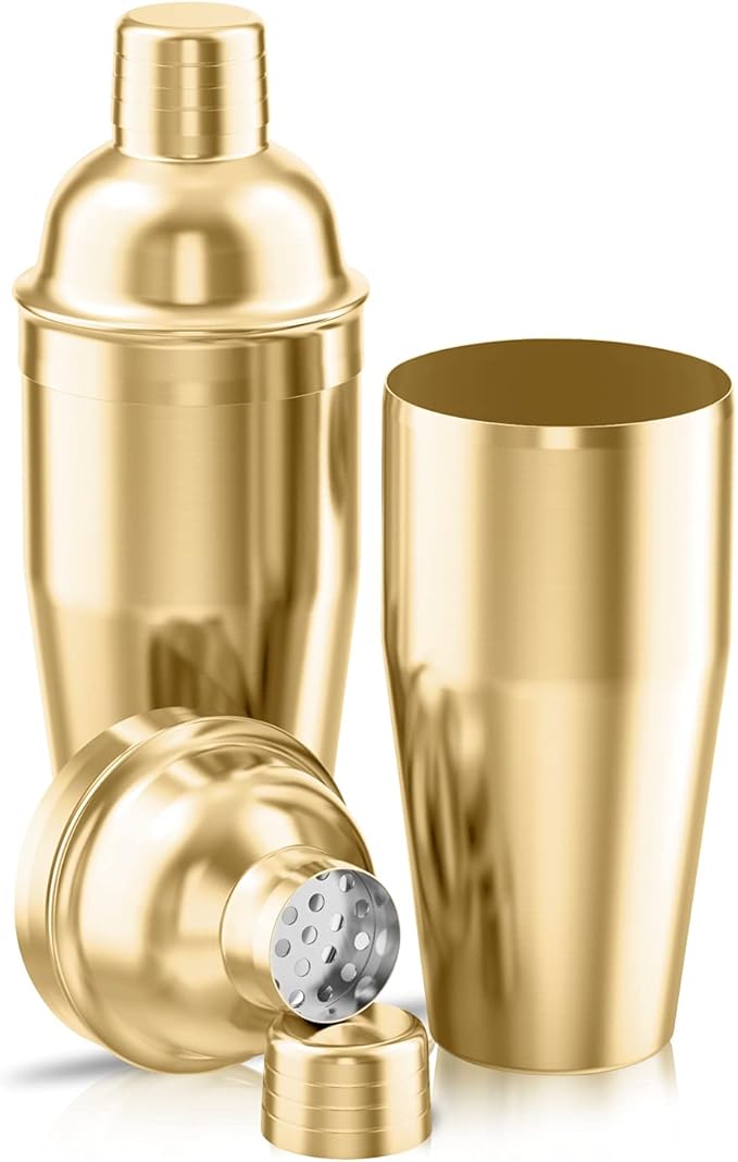 LUCKYGOOBO Cocktail Shaker with Double Measuring Jigger,18/8 Stainless Steel 24oz Martini Shaker Set,Drink Shaker Built-In Strainer,Bartender Kit. (Gold)