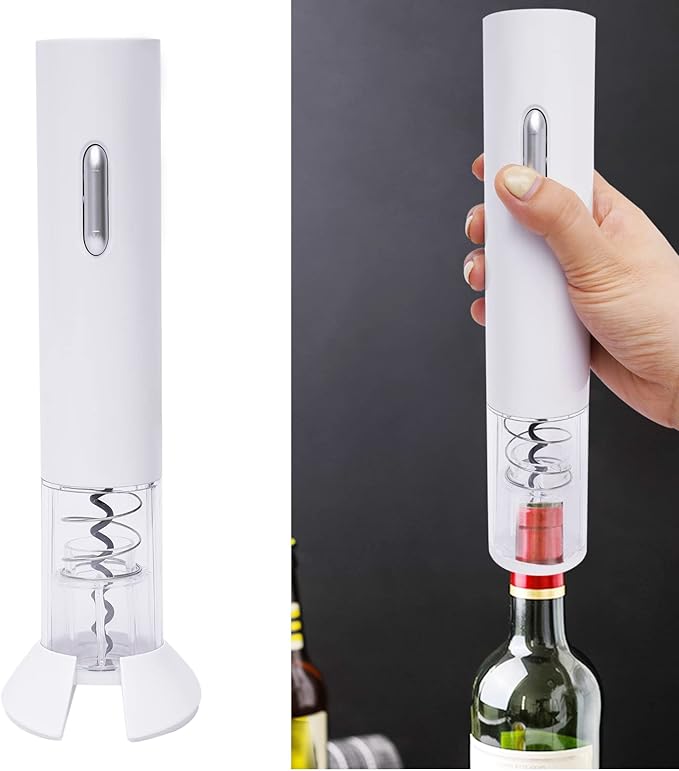 Electric Wine Opener, Automatic Corkscrew Opener with Foil Cutter, Battery Operated, One-Touch Operation, Space-Saving Design, White
