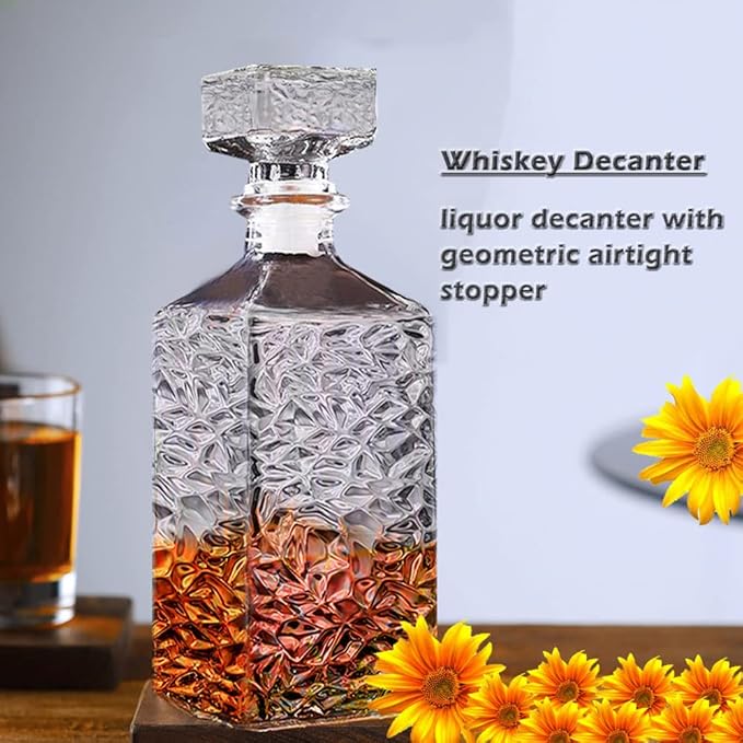 Whiskey Decanter with Airtight Geometric Stopper,32oz Liquor Decanter,Glass Decanter,Diaphanous Liquor Bottle,Decanter with Airtight Lid for Whiskey,Vodka,Bourbon,Scotch,Brandy,Wine