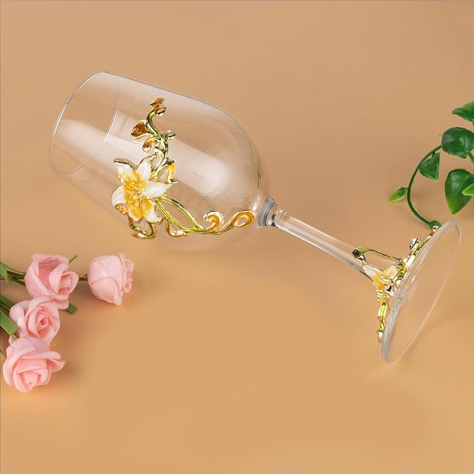 Simcat Handmade Painted Enamel Flower Glass Wine Glasses Transparent Refined Goblet, Stem For Cabernet, Gifts (Double yellow gift box,2 Gift Box)