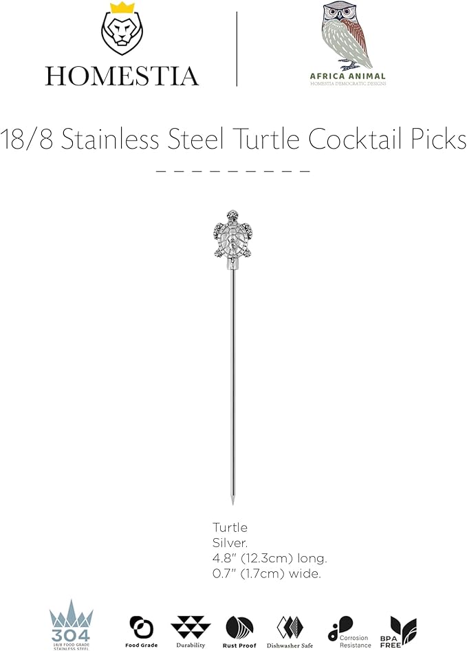 Homestia 4.6" Stainless Steel Cocktail Picks, 6PCS Turtle Design Metal Drink Garnish Skewers - Food Grade 304 Stainless Steel Fruit Picks for Cocktails, Appetizers, Olives, Party Decor - Reusable