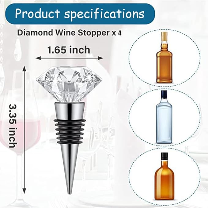 Crystal Diamond Wine Stopper, Sdjdhej 4-Piece Reusable Diamond Wine Set Made Of Crystal/Aluminum Alloy Gift Accessories, Bars, Holiday Parties, Weddings