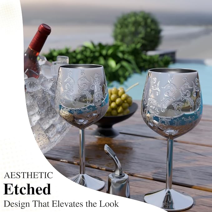 Mother’s Day Gift for Mom – Set of 2 Silver Stainless Steel Wine Glasses, 17oz Engraved Goblets with Bottle Stopper, Unbreakable Elegant Wine Cups, Gift for Women, Wife, Mom, Sister