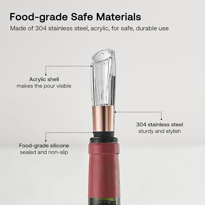 Elegant Wine Aerator Pourer Spout by ELMWAY - Clear Wine Air Aerator Enhances Flavor, Aroma & Finish, No Spill Design, Wine Accessory Gift for Wine Lovers - Rose Gold