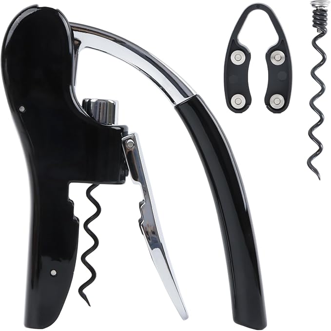 KAYCROWN Stainless Steel Wine Bottle Opener, Compact Vertical Lever Corkscrew with Foil Cutter and Extra Spiral, Manual Handheld Corkscrew with Ergonomic Lever Pump (Black)