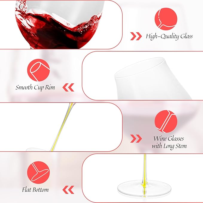 KAMMAK Wine Glasses Set of 2, 24.35 oz Hand Blown Crystal Bordeaux Wine Glasses, Thin Rim & Long Stem, Perfect for Red & White, Daily Use, Wedding or Birthday Gift with Gift Box, Burgundy Yellow