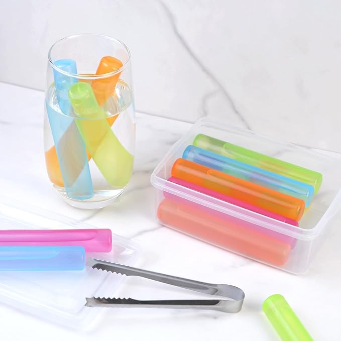 Reusable Ice Cube with Lid and Bin, 8 Pack Plastic Ice Cubes for Drinks BPA Free, Washable Freezable Ice Sticks for Water Bottles, Whiskey, Vodka, Coffee, Beer, Wine