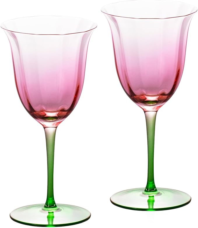 KAMMAK Wine Glasses Set of 2, 9.47 oz Hand Blown Crystal Bordeaux Wine Glasses, Thin Rim & Long Stem, Perfect for Red & White, Daily Use, Wedding or Birthday Gift with Gift Box, Pink-Green Flowers