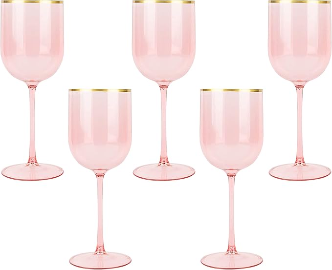 PLASTICPRO Pink Wine Cup with Gold rim Plastic Wine Glasses Set of 10 Elegant Wine Goblets Hard Plastic Wine Cups on Stem 12 Ounce