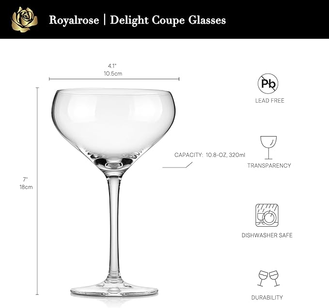 Royalrose Premium Delight Vintage Wine Glasses Set of 4, 10.8 oz Goblets Glasses for Wine, Mixed Drinks, Sparkling Water, Elegant Drinkware for Entertaining or Daily Use (Coupe Glasses)