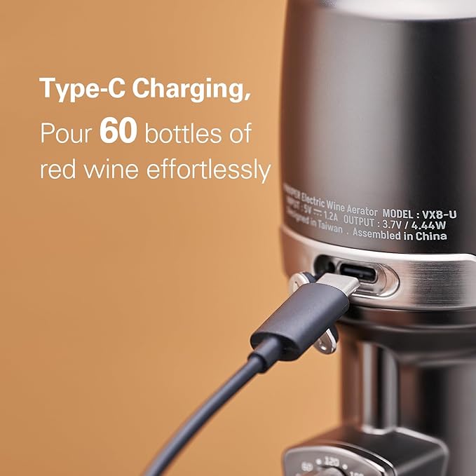 Wine Aerator Adjustable 0-4 Hours, Rechargeable Wine Air Aerator, Electric Wine Decanter, Wine Pourer for Wine, Gift for Men, Boyfriend, Dad (Matte Black)