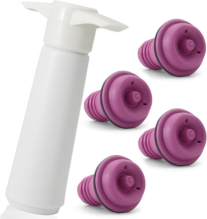 4 Pcs Wine Stoppers, Reusable Preserver Vacuum Pump, Wine Saver Vacuum Pump for Kitchen, Office, Home and Parties(Purple)