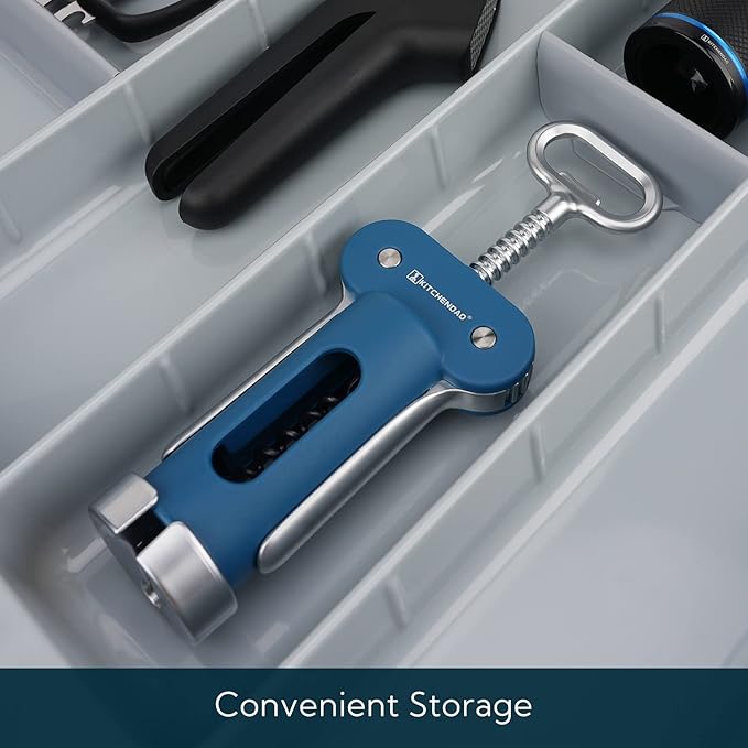 KITCHENDAO Luxury 3 in 1 Wine Opener with Foil Cutter, Beer Bottle Opener, Sturdy Zinc Alloy Wing Corkscrew with Self-centering Non-stick Sharp Screw, Easy to Remove Cork, Manual Corkscrew (Blue)