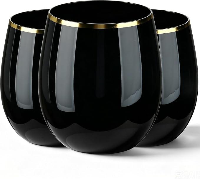 GuanQiao 24 Pack Plastic Wine Glasses with Gold Rim, 12oz Black Stemless Disposable Wine Cups, Shatterproof & BPA-Free Reusable Drinkware for Wedding, Party, New Year and Bridal Shower