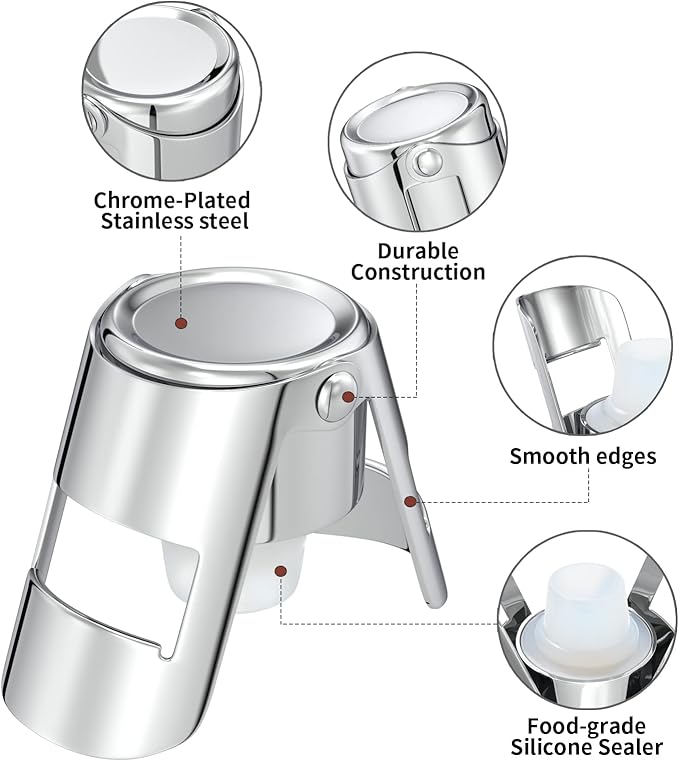HYZ Champagne Stoppers - Stainless Steel Sparkling Wine Bottle Stopper with Pure Silicone Air Tight Seal - Professional Wine Saver for Champagne，Prosecco and Cava (2Pack Chrome)