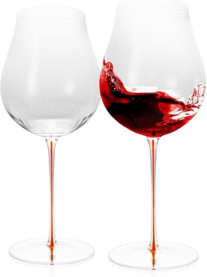 KAMMAK Wine Glasses Set of 2, 24.35 oz Hand Blown Crystal Bordeaux Wine Glasses, Thin Rim & Long Stem, Perfect for Red & White, Daily Use, Wedding or Birthday Gift with Gift Box, Burgundy Orange