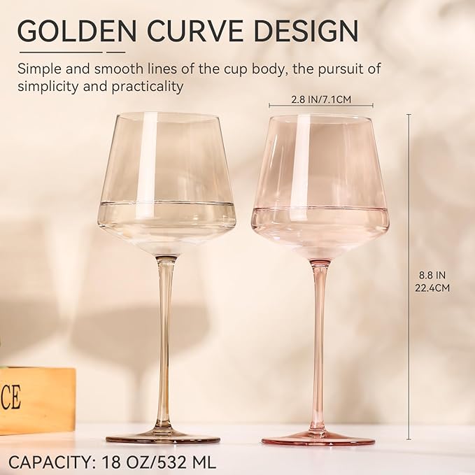Colored Wine Glasses Set of 6-18oz【Hand Blown】Venus Wine Glasses with Stem