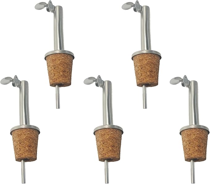pson 5Pcs Stainless Steel Bottle Pourers, Hinged Flip Spout with Cork Design for Pouring Olive Oil, Vinegar, Syrup, Liquor, and Wine(Curved head)