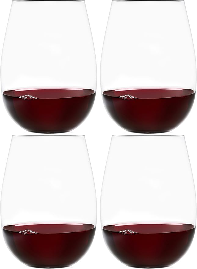 Improved Design of Our 2017 New York Times Best Stemless Glass – Set of 4 European-Made Stemless Wine Glasses, Reinforced Base for Added Stability & Premium Feel, Dishwasher-Safe, Lead-Free, 17 oz.