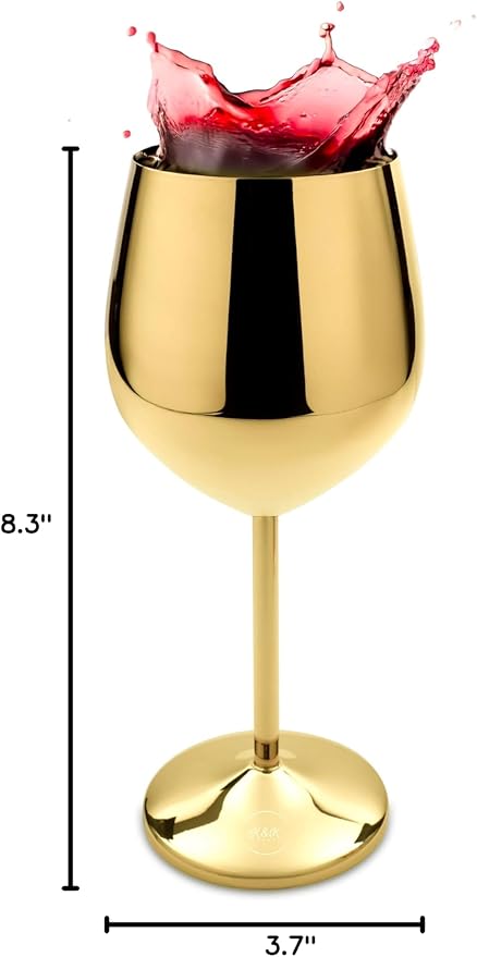 K&K Home Gold Stainless Steel Unbreakable Wine Glasses - 18 oz - Set of 2 Colored, Stemmed Metal Wine Glasses Perfect for Outdoors, Weddings, and Parties (Gold, Set of 2)