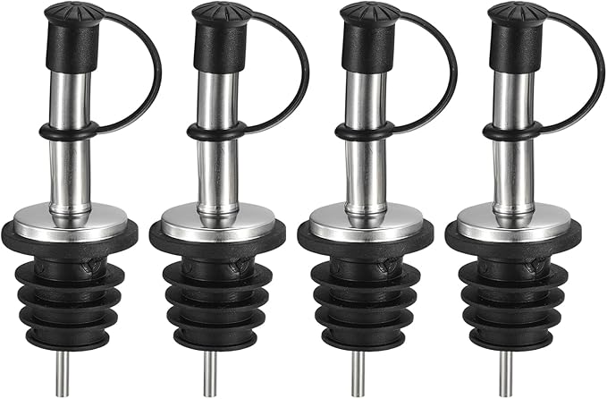 uxcell Stainless Steel Bottle Pourers, 4Pcs 90mm/3.54" Olive Oil Spout with Rubber Dust Caps, Wine Pourers Liquor Pour Spouts for Pours Liquid, Wine, Vinegar, Most Liquor Bottles (Black)