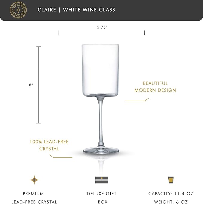 JoyJolt Claire 11.4oz White Wine Glass Set of 2, Elegant Crystal Stemware Stemmed Wine Glasses Made in Europe, Unique and Modern Glasses with Stem