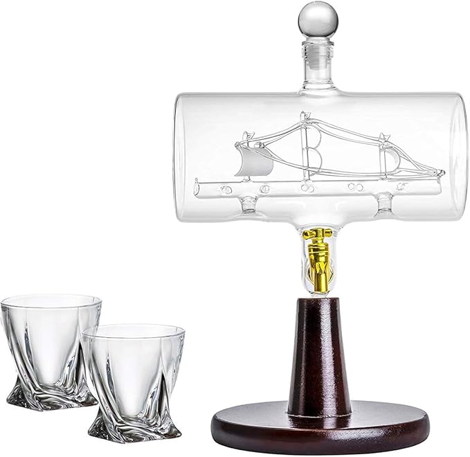 Whiskey Decanter Set for Men - 38 oz, Magellan Liquor Bottle with 2 Diamond Whiskey Glasses - for Alcohol, Wine, Bourbon, Brandy, and Scotch for Dad (Viking Ship)