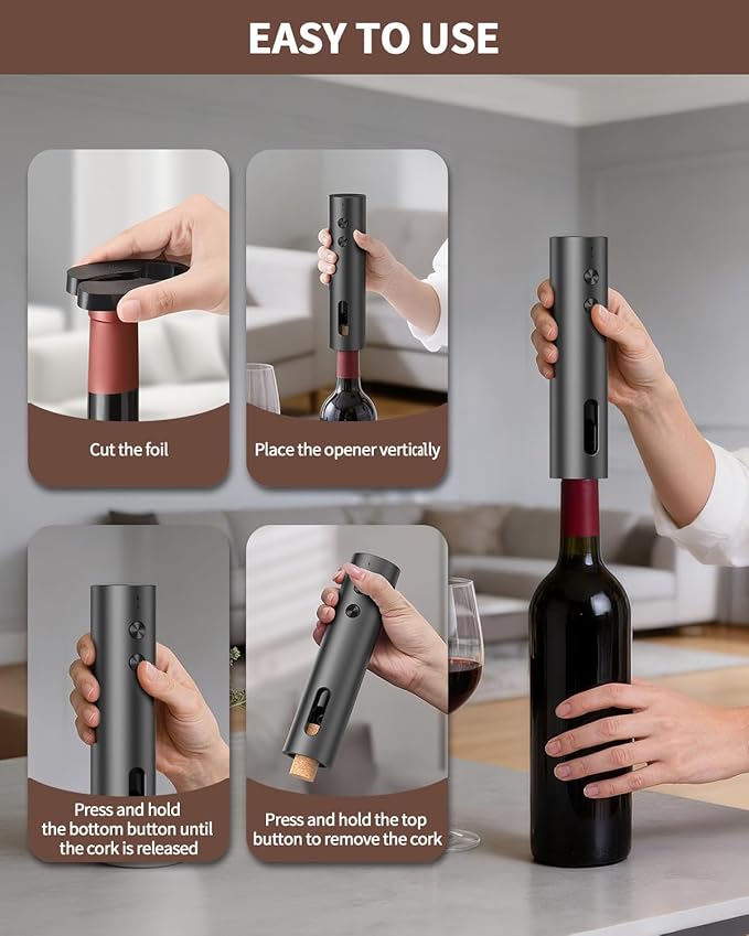 CIRCLE JOY Rechargeable Electric Wine Opener, 6-In-1 Cordless Electric Wine Bottle Opener with Pourer, Foil Cutter, 2 Vacuum Preservation Stoppers and Storage Base, Gifts for Wine Lovers