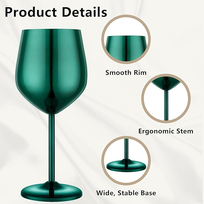 Stainless Steel Wine Glasses Set of 4 Unbreakable Green Wine Glass 18 oz Unique Metal Wine Goblets for Outdoor, Travel, Camping, Pool, Ideal Gift for Wine Lovers
