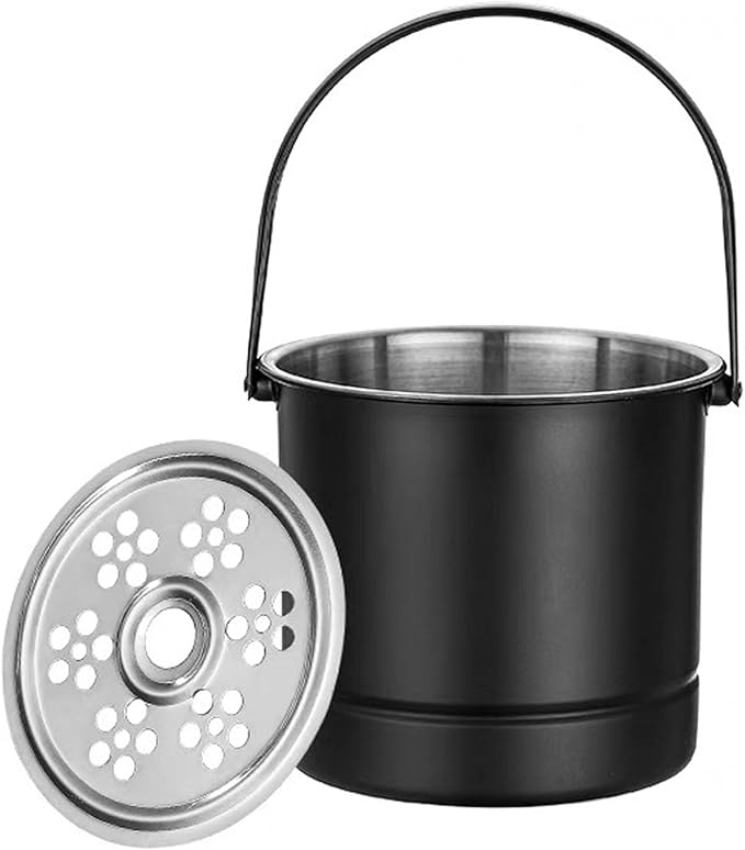 1L Ice Bucket, Professional Thickened Stainless Steel Ice Container with Filter Plate and Carrying Handle, Portable Chiller Bin Basket Black for Bar Parties Restaurant Bar(14x13.8x12.5cm)