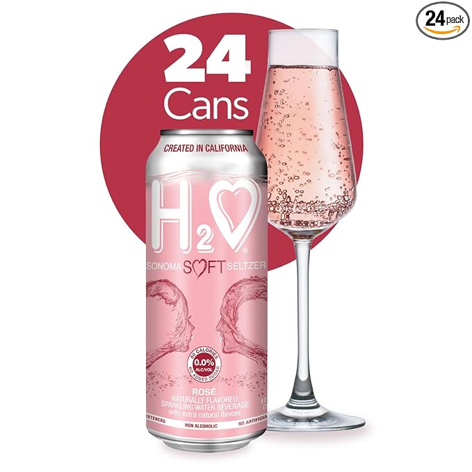 H2o (Velvety & Smooth) R24– California Rose Non Alcoholic Wine Infused Refreshment, 0.0% Alcohol, Jam-packed with flavor plus Hydrating Minerals (Larger 1.5x size Sparkling Rose, Pack of 24-12 Fl oz)