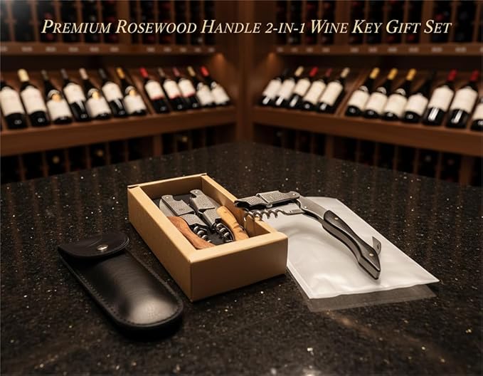 Wine Opener & Corkscrew (2 Pack), Professional Double Hinged Wine Bottle Opener with Foil Cutter & Wood Handle, Waiter's Corkscrew Wine Key for Bartender & Server, Vegan Leather Pouch Gift Set
