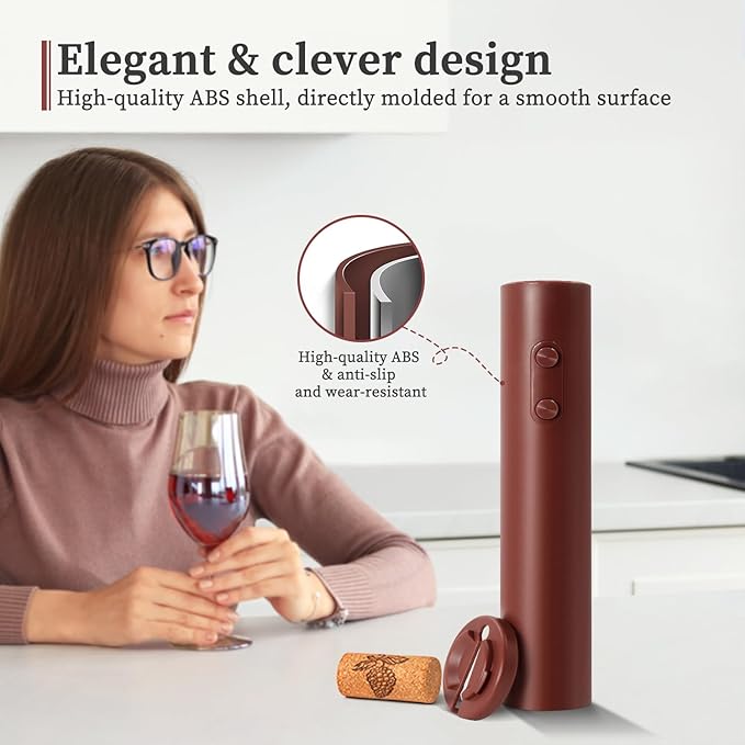 Battery Operated Wine Opener by ELMWAY, Electric Corkscrew & Wine Bottle Opener with Foil Cutter, Gift for Wine Lovers and Wine Accessories for Home Bars - Red (4xAA Not Included)