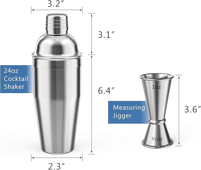 LUCKYGOOBO Cocktail Shaker with Double Measuring Jigger,Professional Stainless Steel 24oz Martini Shaker Set,Drink Built-In Strainer,Bartender Kit.