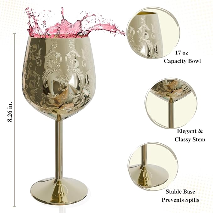 Mother’s Day Gift for Mom – Set of 2 Gold Stainless Steel Wine Glasses, 17oz Engraved Goblets with Bottle Stopper, Unbreakable Elegant Wine Cups, Gift for Women, Wife, Mom, Sister